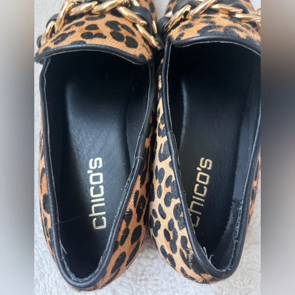 NWT Chico's Leopard Print Loafers with Gold Chain Women Size 7